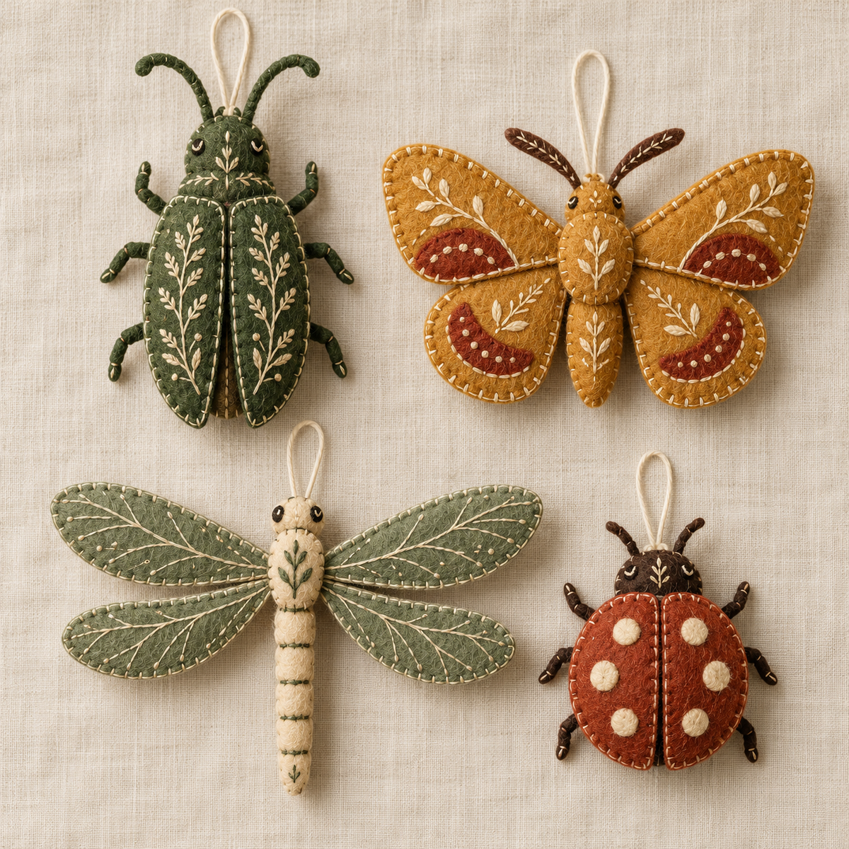 Design preview of four felt woodland insect ornaments: a green beetle, ochre moth, sage-winged dragonfly and russet ladybird.