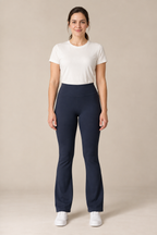 Front view of ink-navy high-waisted flared leggings with a plain broad waistband. Generated design preview.