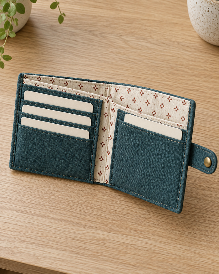 Front design preview of the folded fabric wallet.