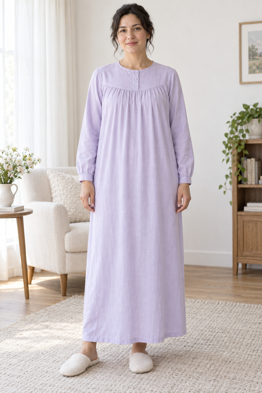Design preview of a gathered-yoke cotton nightgown with long sleeves and narrow cuffs, front view.