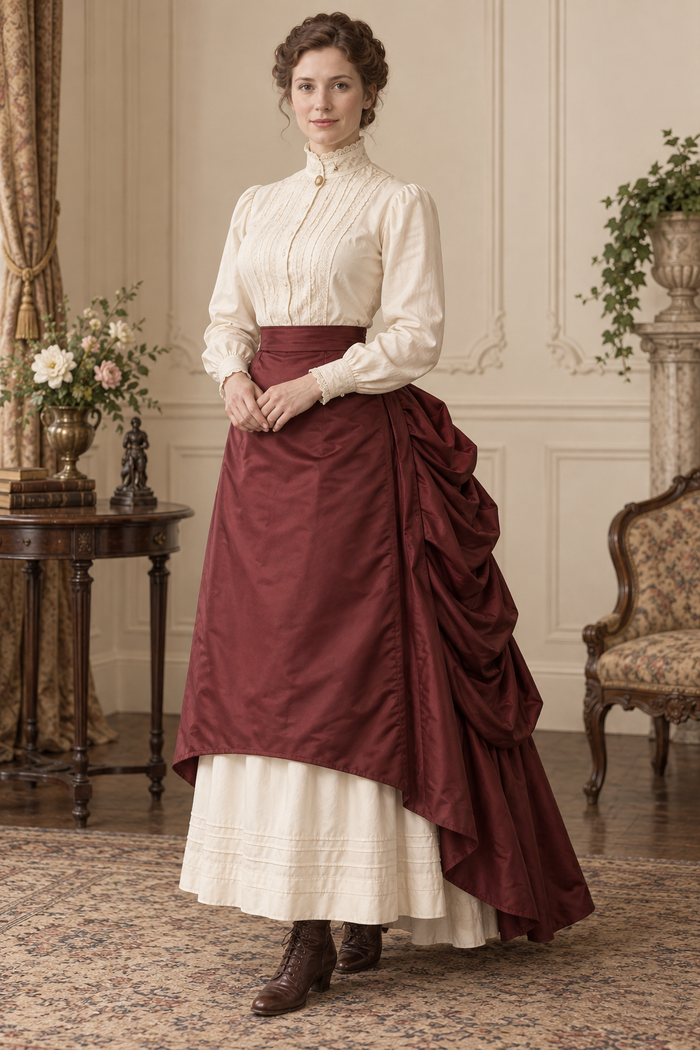 Design preview of a historical-inspired bustle overskirt with a flat front and lifted rear drape, front view.