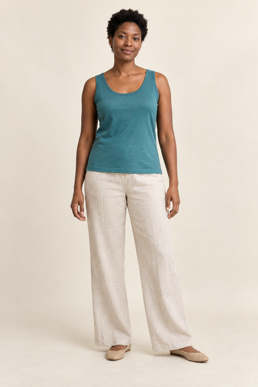 Front view of knit vest top design on a model