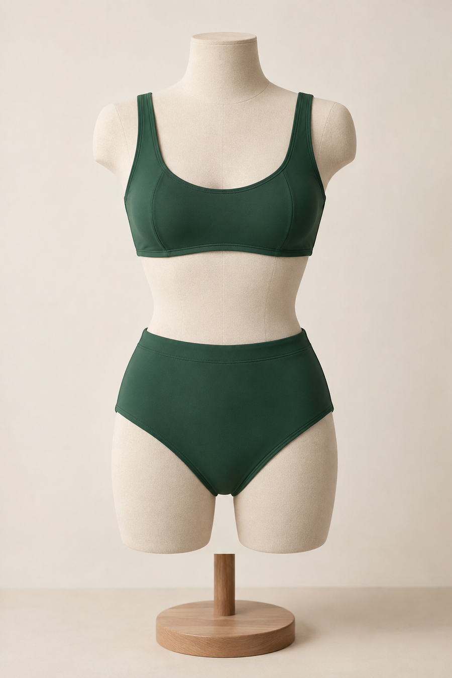 Design preview of high-waisted bikini, front view on a dress form.