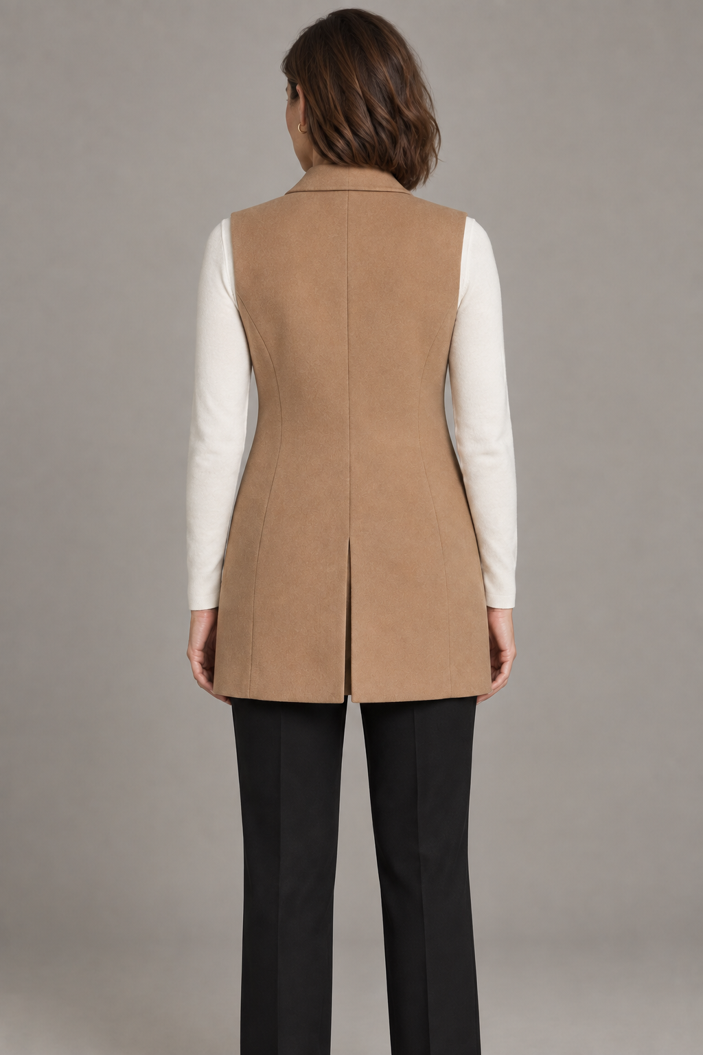 Back design preview of longline collared vest.