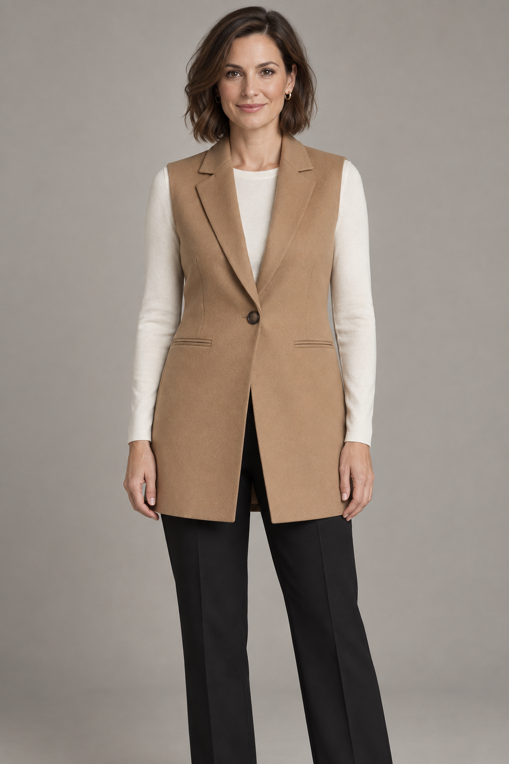 Front design preview of longline collared vest.