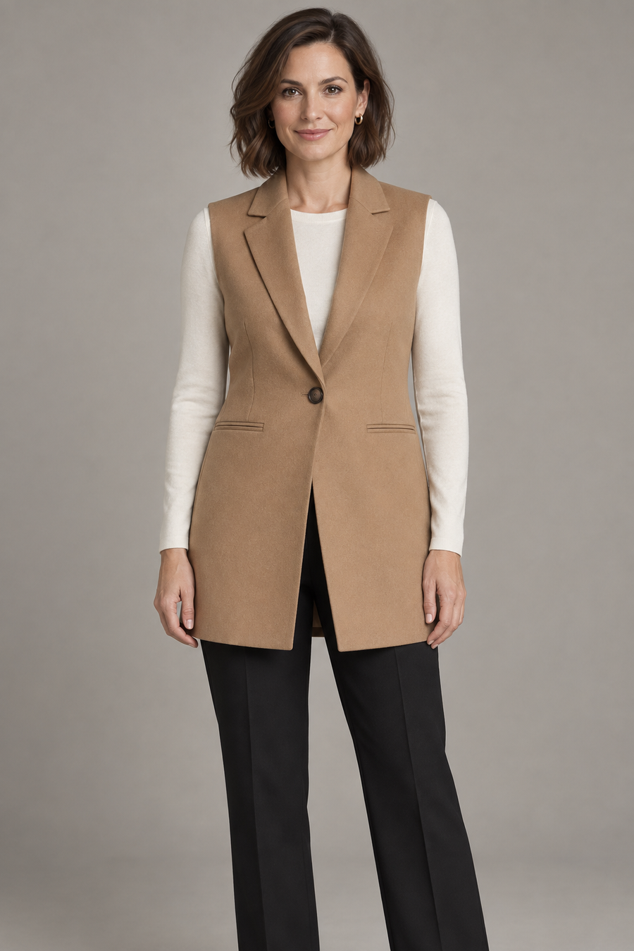 Front design preview of longline collared vest.