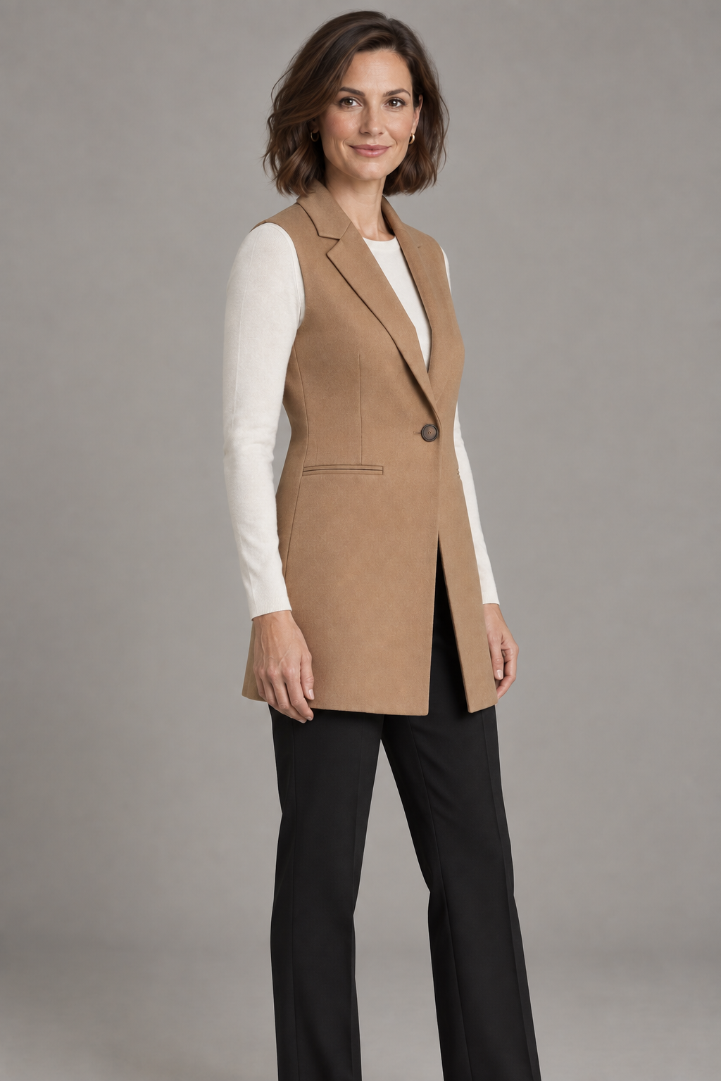 Three-quarter design preview of longline collared vest.