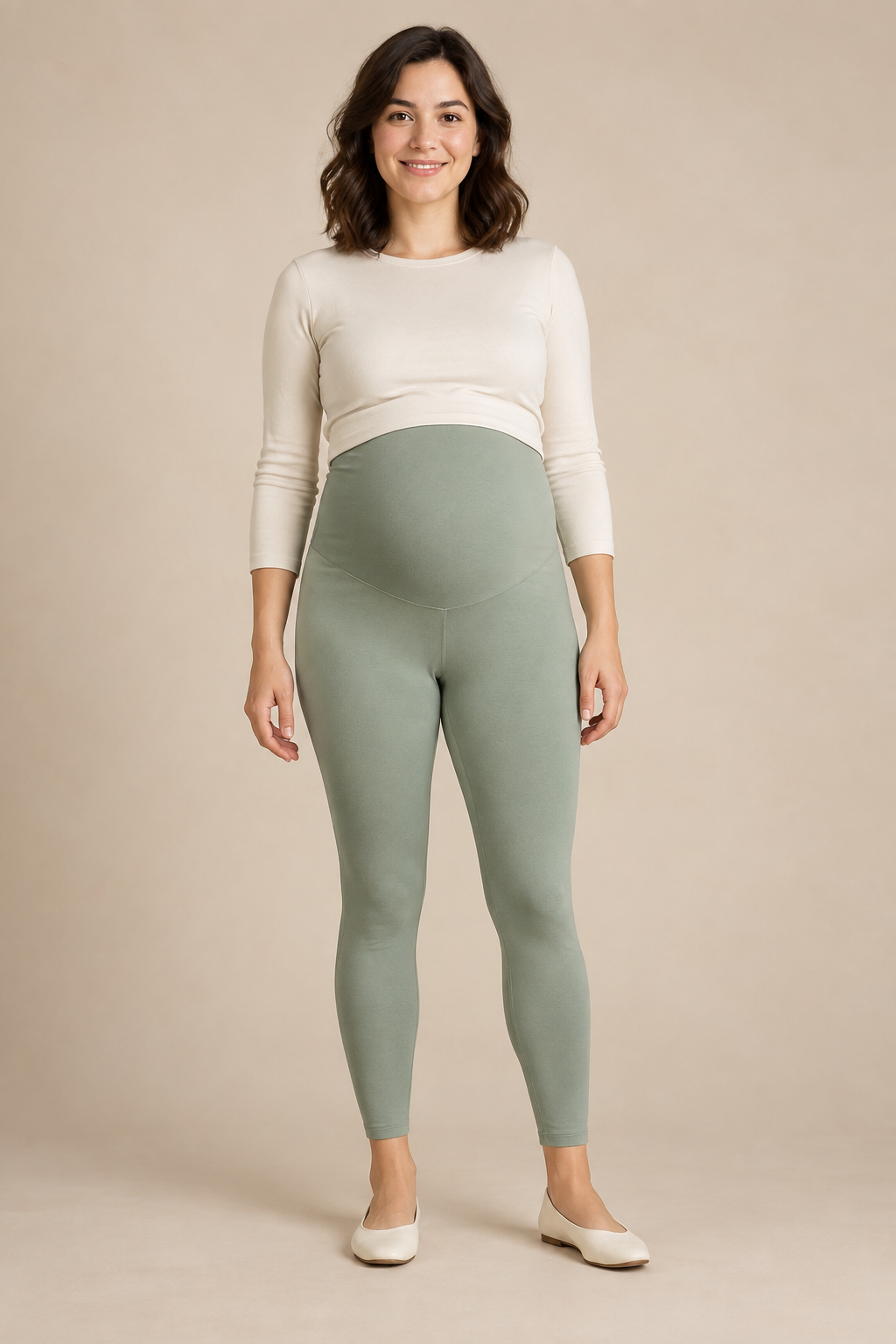 Front view of sage-green maternity leggings with a soft over-bump panel and ankle-length legs. Generated design preview.