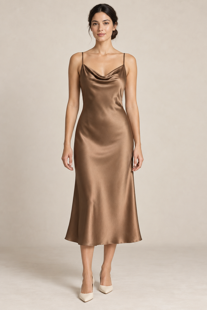 AI preview: bronze bias-cut midi slip dress with a soft front cowl, fine straight shoulder straps and a smooth gently flared body.