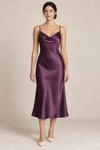 AI preview: deep-plum color option of the same bias-cut cowl-neck midi slip dress with fine straight straps and no waist seam.