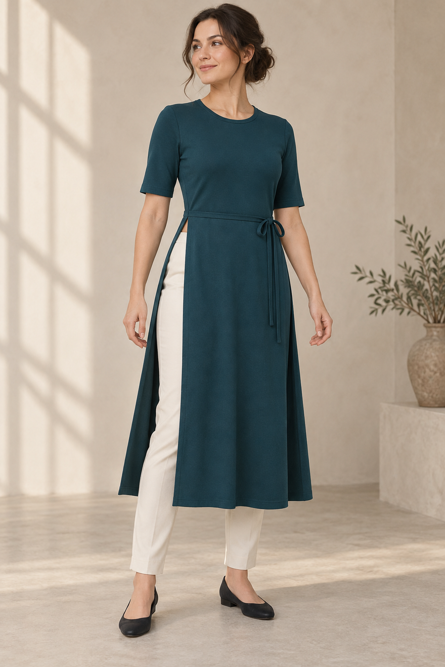 AI design preview: petrol teal knit tunic with waist-high side openings and narrow wrap ties, worn over ivory trousers