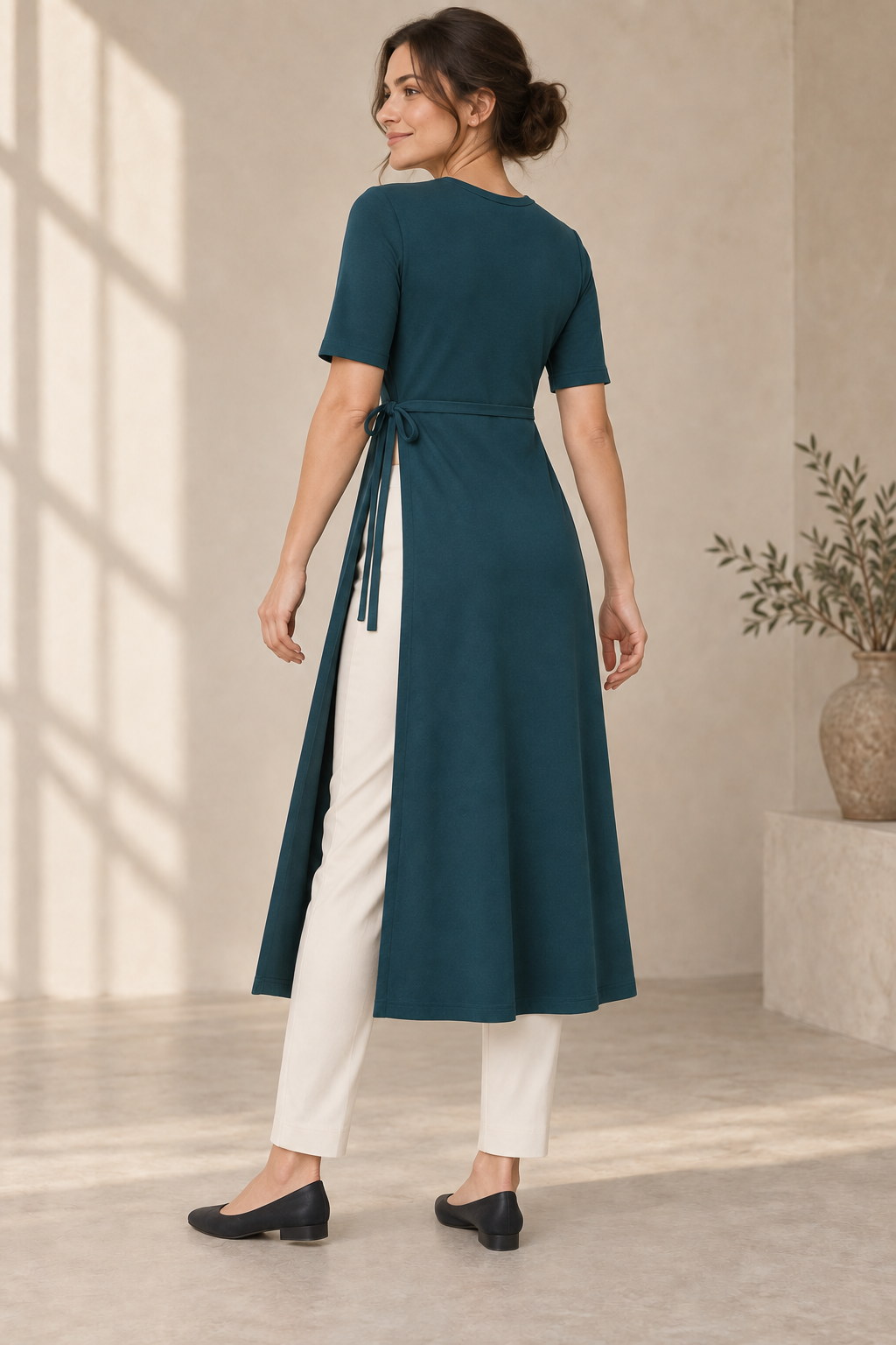 AI design preview: plain back of the teal knit layering tunic with a narrow waist tie and open-sided calf-length panels