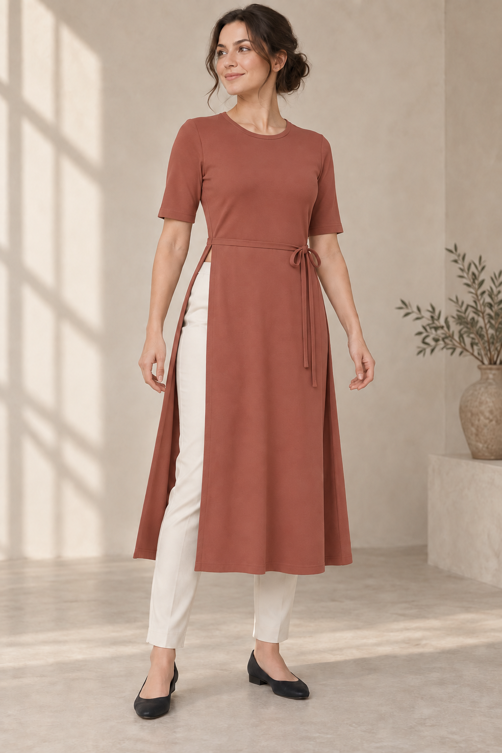 AI design preview: muted clay color of the same tie-waist knit tunic with long open side panels over ivory trousers