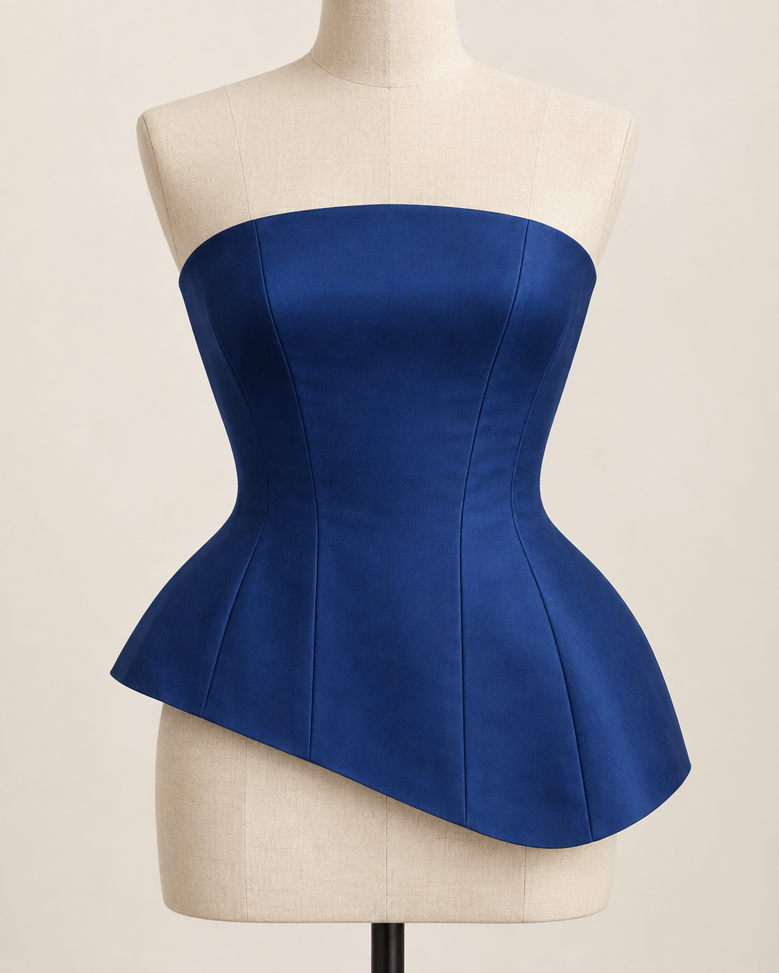 AI preview: sapphire-blue strapless top with shaped panels, flared hips and a diagonal hem longer at the left side.