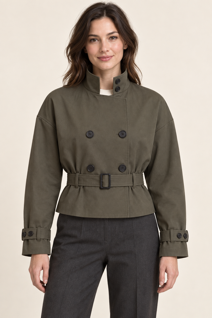 AI preview: olive-grey cropped trench jacket with a stand collar, double-breasted buttons, buckled belt and wrist straps.
