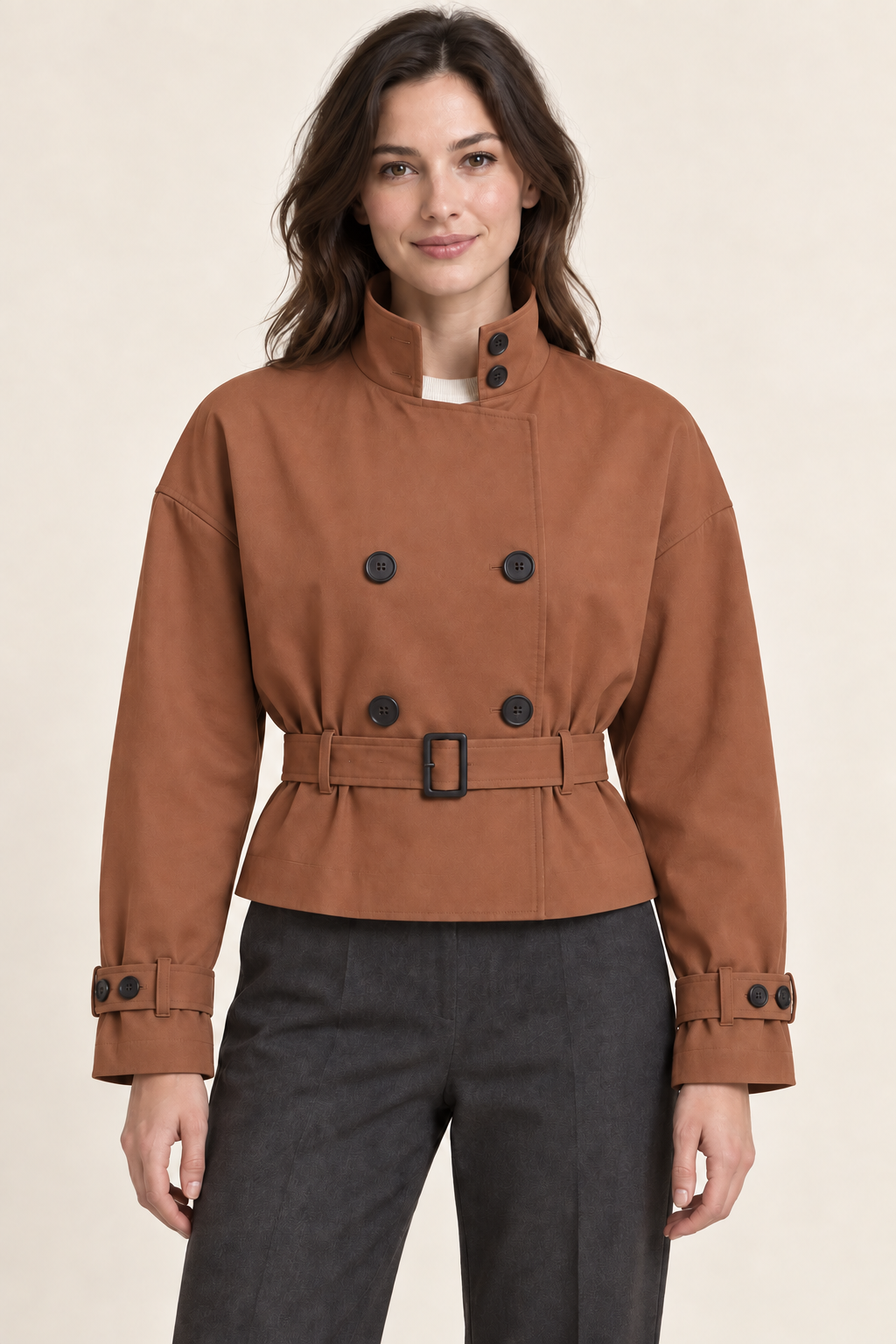 AI preview: muted-cinnamon color option of the same stand-collar cropped trench jacket with a rectangular-buckle belt.