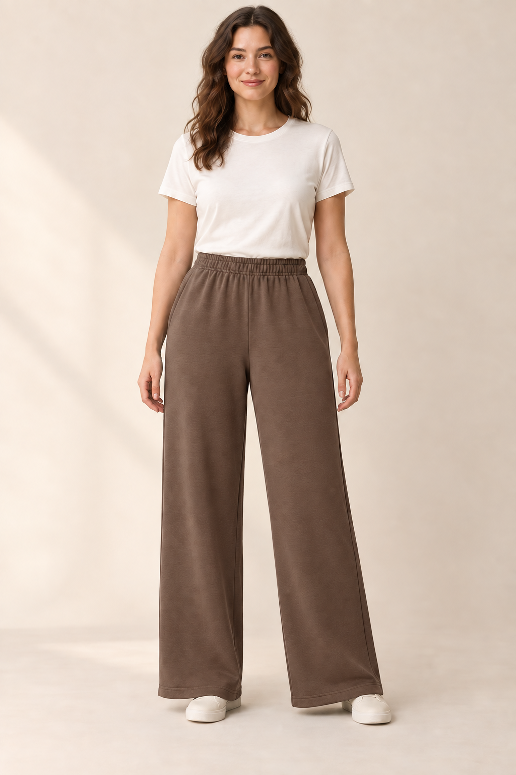 AI preview: warm-cocoa color option of the same high-waisted knit wide-leg pants with enclosed elastic and side-seam pockets.