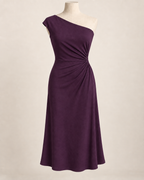 AI preview: aubergine color option of the same side-ruched off-shoulder knit midi dress.