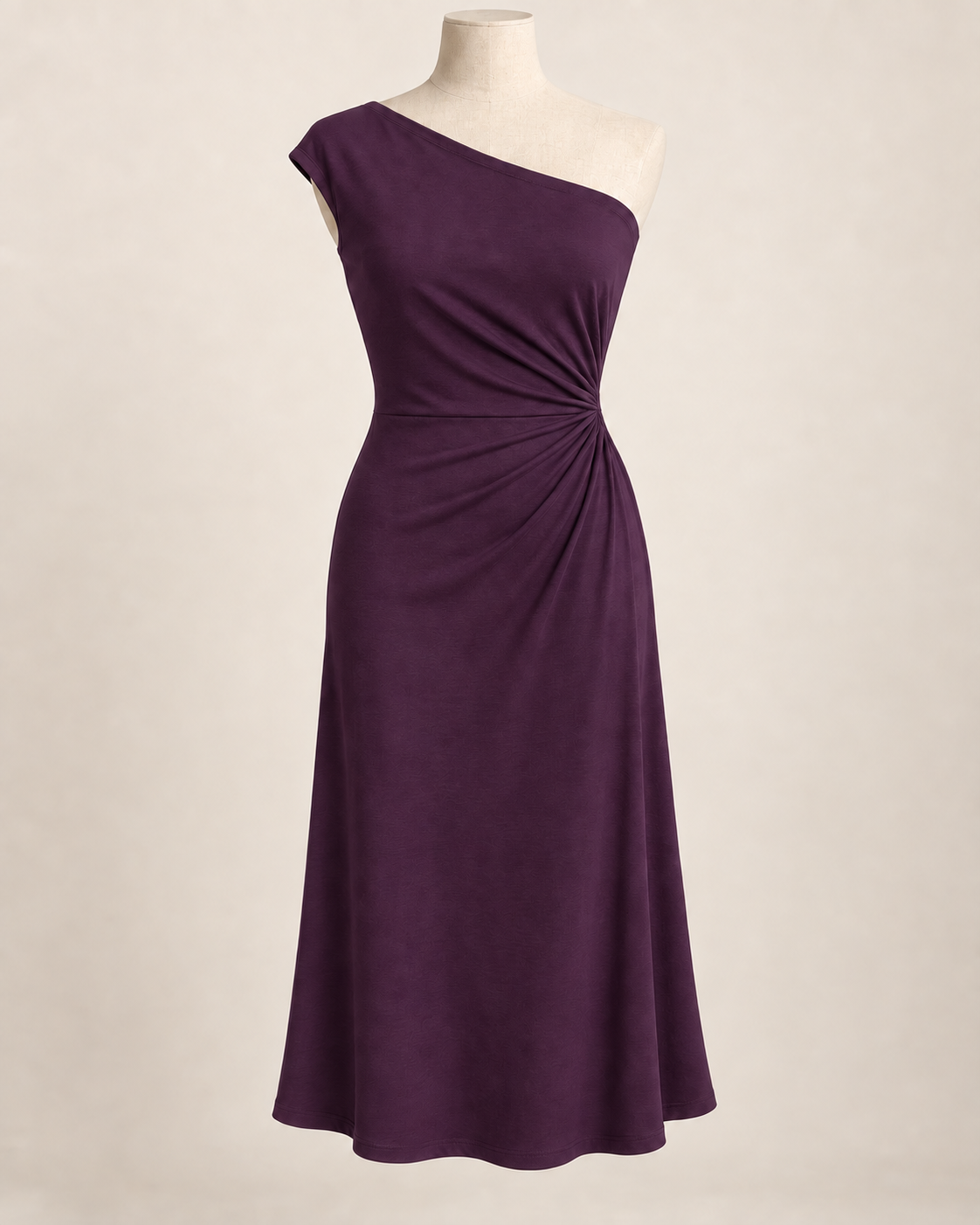 AI preview: aubergine color option of the same side-ruched off-shoulder knit midi dress.
