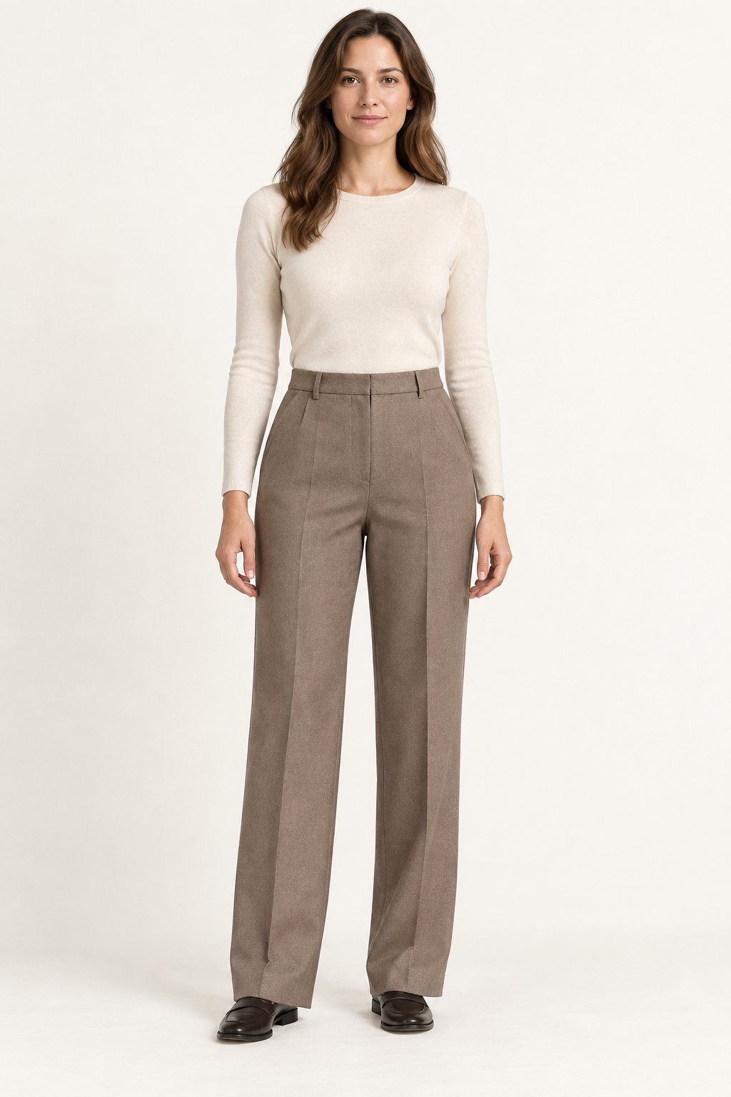 AI preview: warm-taupe women's straight-leg trousers with a high waistband, belt loops, front fly and slanted pockets.