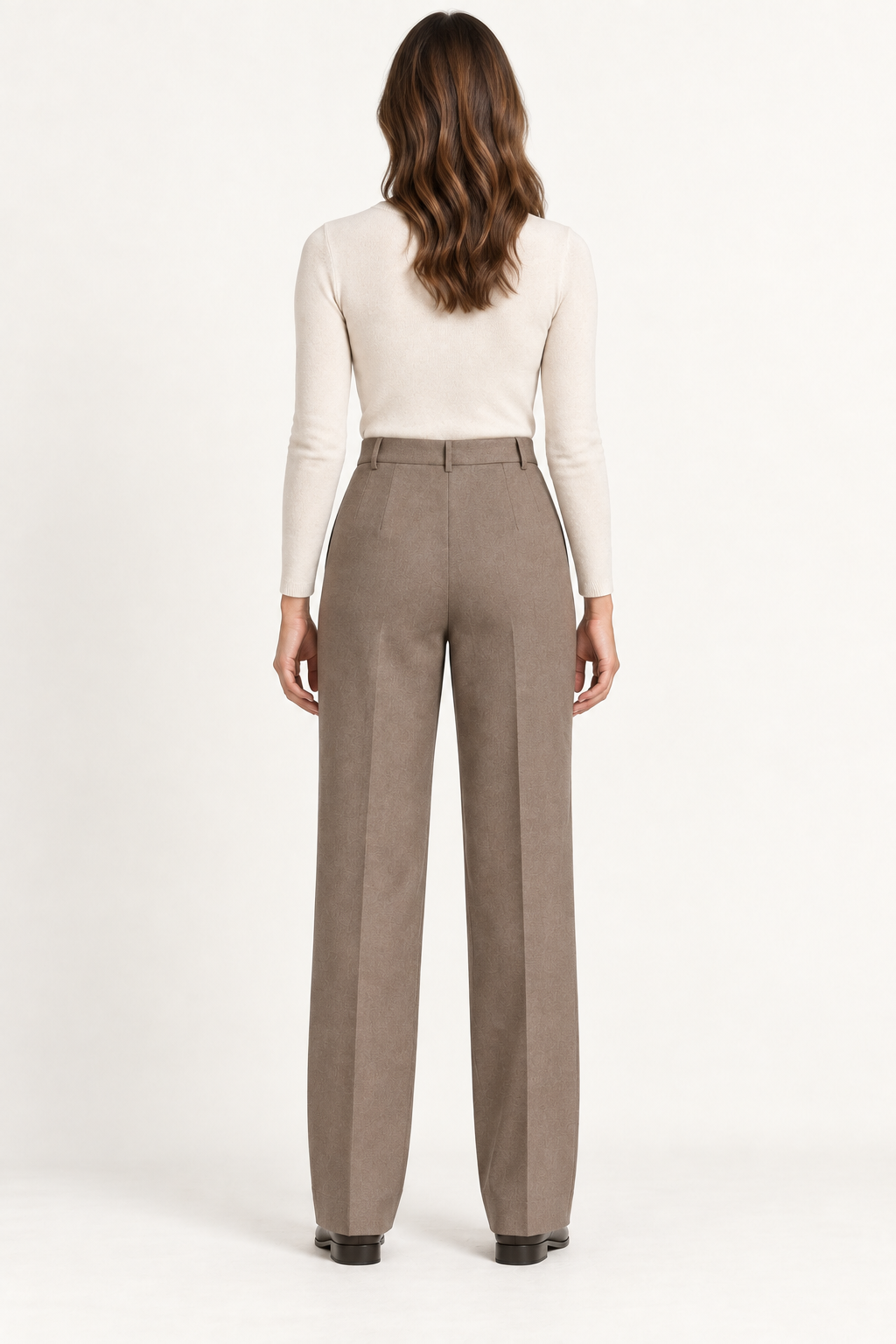 AI preview: rear of the same taupe straight-leg trousers with waist darts, belt loops and a clean back without pockets.