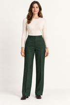 AI preview: deep-pine color option of the same high-waisted fly-front trousers with full-length straight legs.