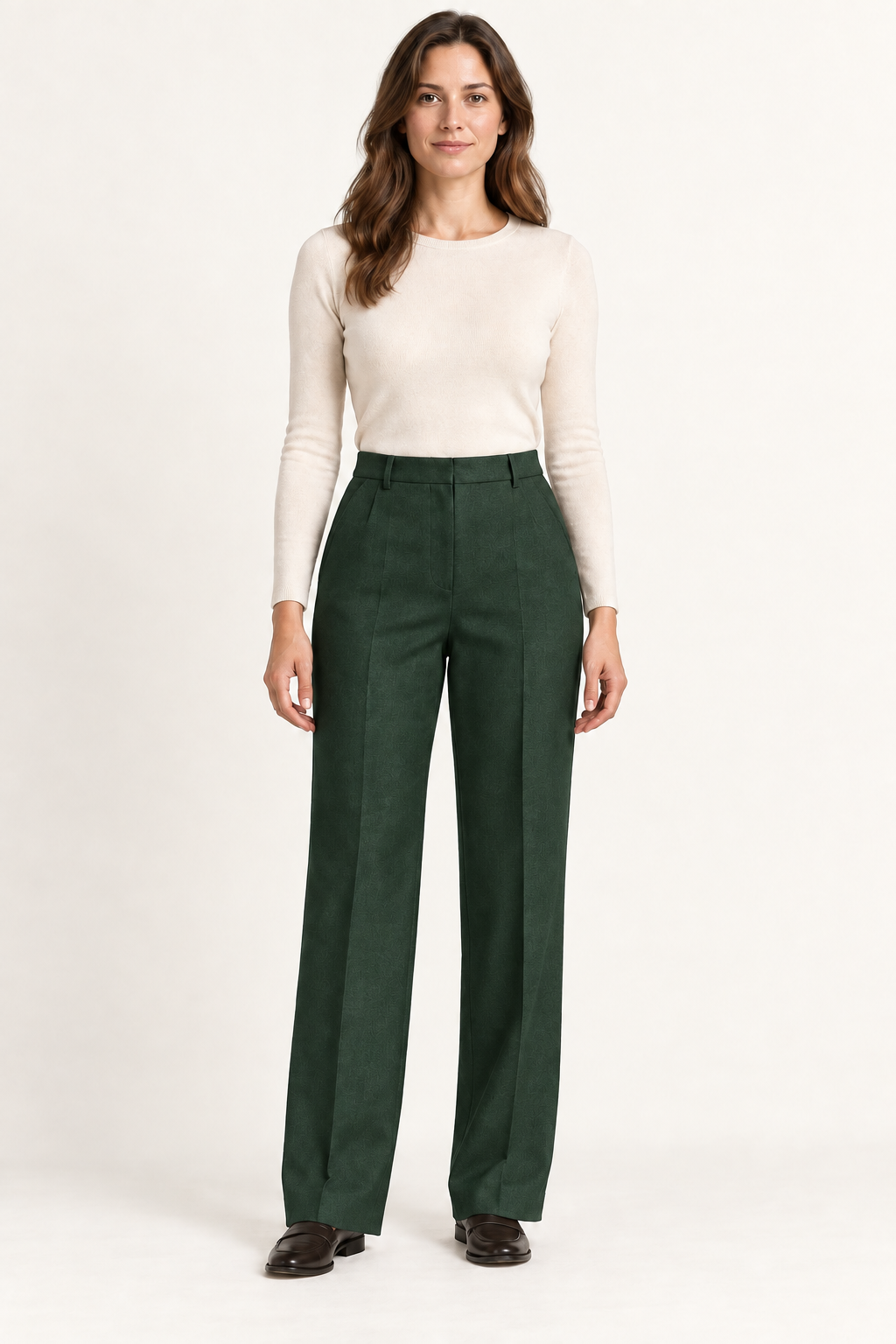 AI preview: deep-pine color option of the same high-waisted fly-front trousers with full-length straight legs.