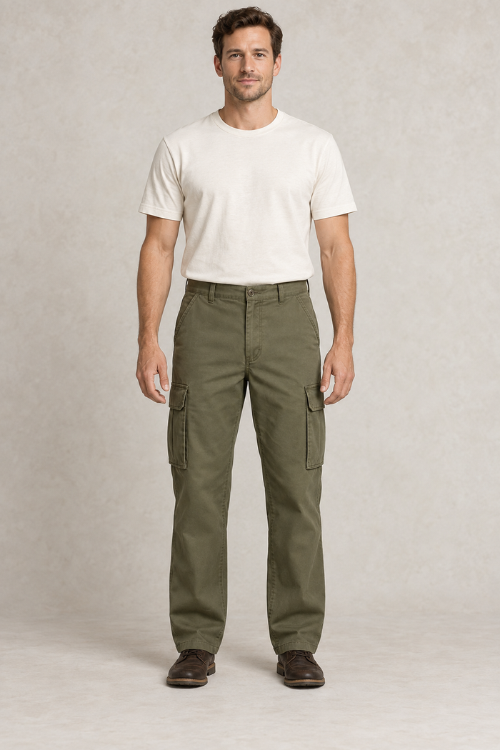 Front design preview of men's olive cargo pants with a zip fly and straight full-length legs.
