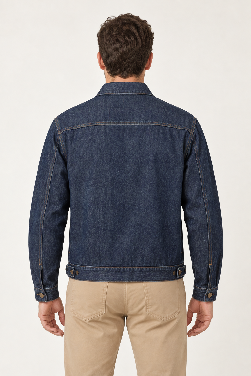 Generated design preview: rear view of men's denim jacket with shoulder yoke, plain back panel and hem tabs.