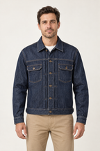 Generated design preview: men's indigo pleated denim jacket, front view with two flap chest pockets.