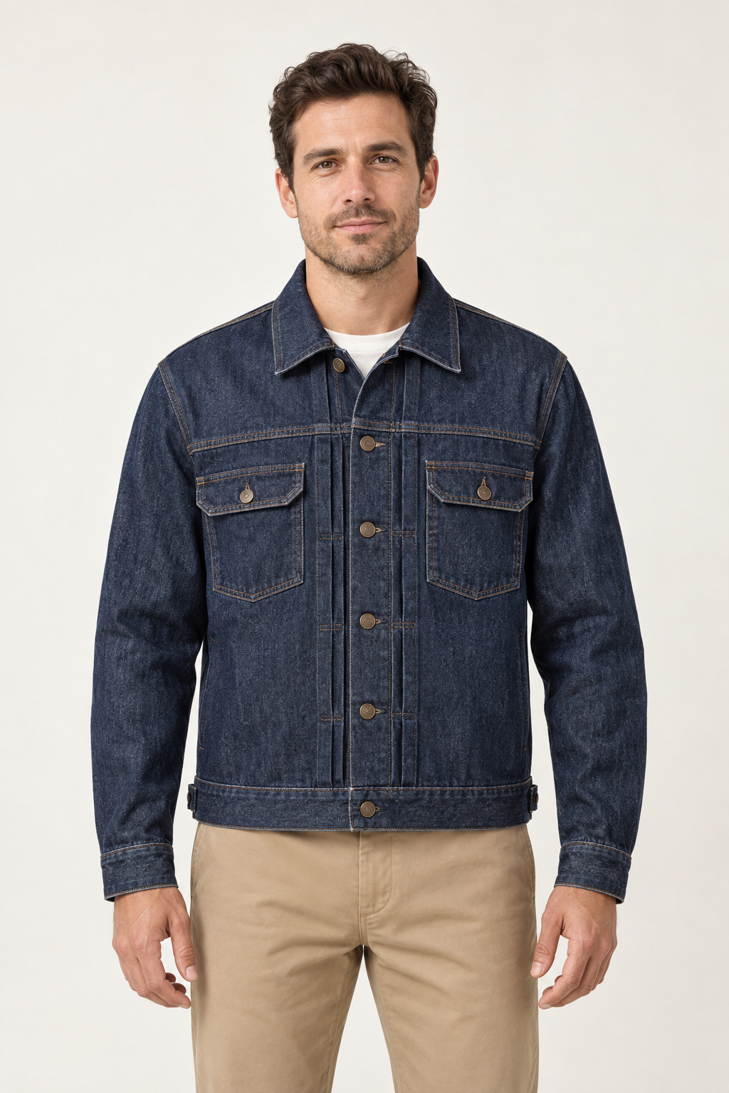 Generated design preview: men's indigo pleated denim jacket, front view with two flap chest pockets.