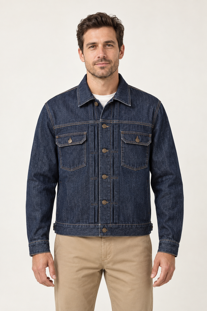Generated design preview: men's indigo pleated denim jacket, front view with two flap chest pockets.