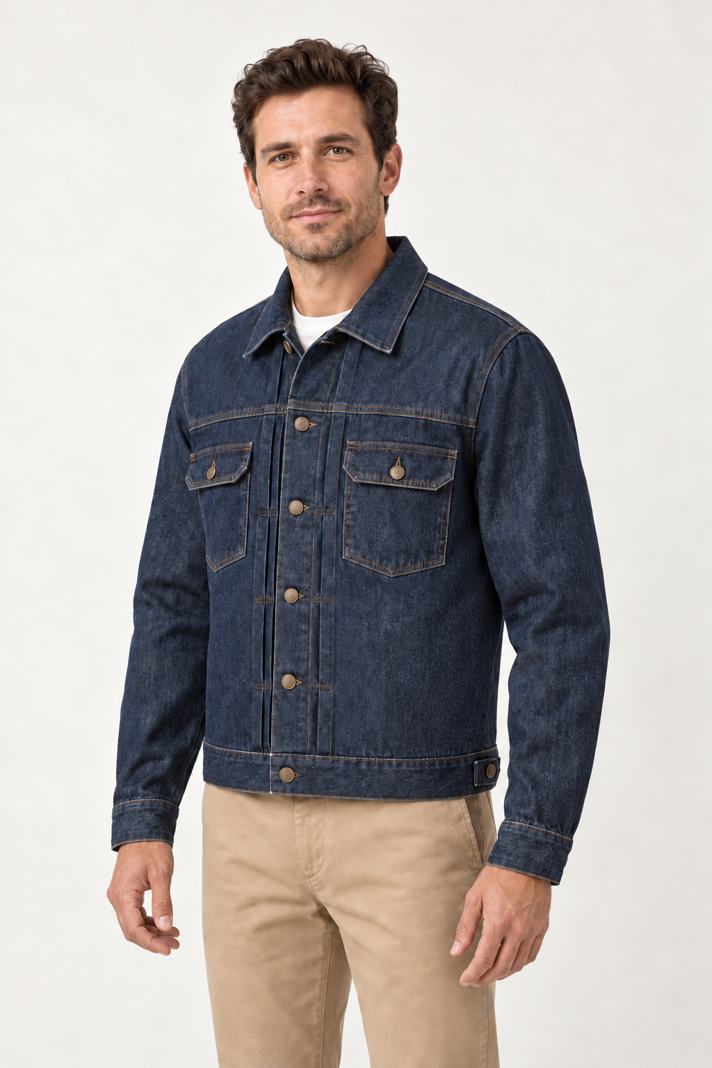 Generated design preview: three-quarter view of men's pleated denim jacket with buttoned side-adjuster tab.
