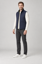 Three-quarter view of a men's navy diamond-quilted vest design