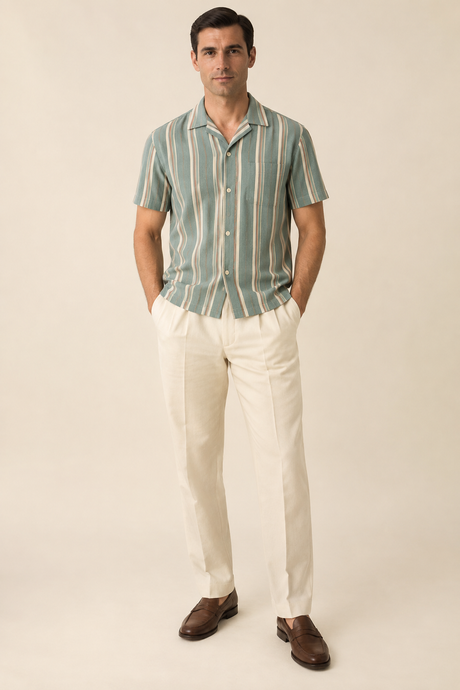 Design preview of men's vintage-inspired camp collar shirt, front view on an adult model.