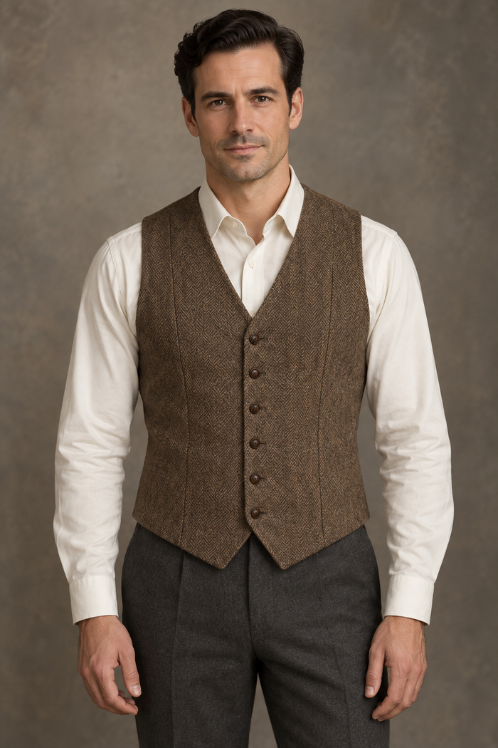 Design preview of men's vintage-inspired waistcoat with shaped fronts and an adjustable back tab, front view.