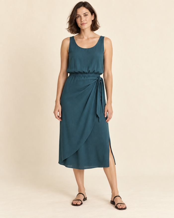 Front design preview of the 1990s-inspired mock-sarong dress.