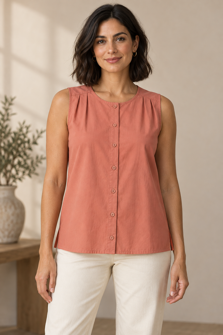 Design preview of sleeveless button-front top with narrow shoulder pleats, front view.
