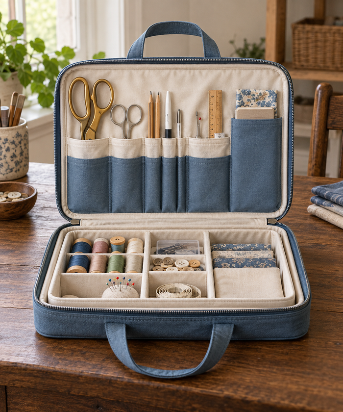 Design preview of portable craft organizer, front view in a sewing workspace.