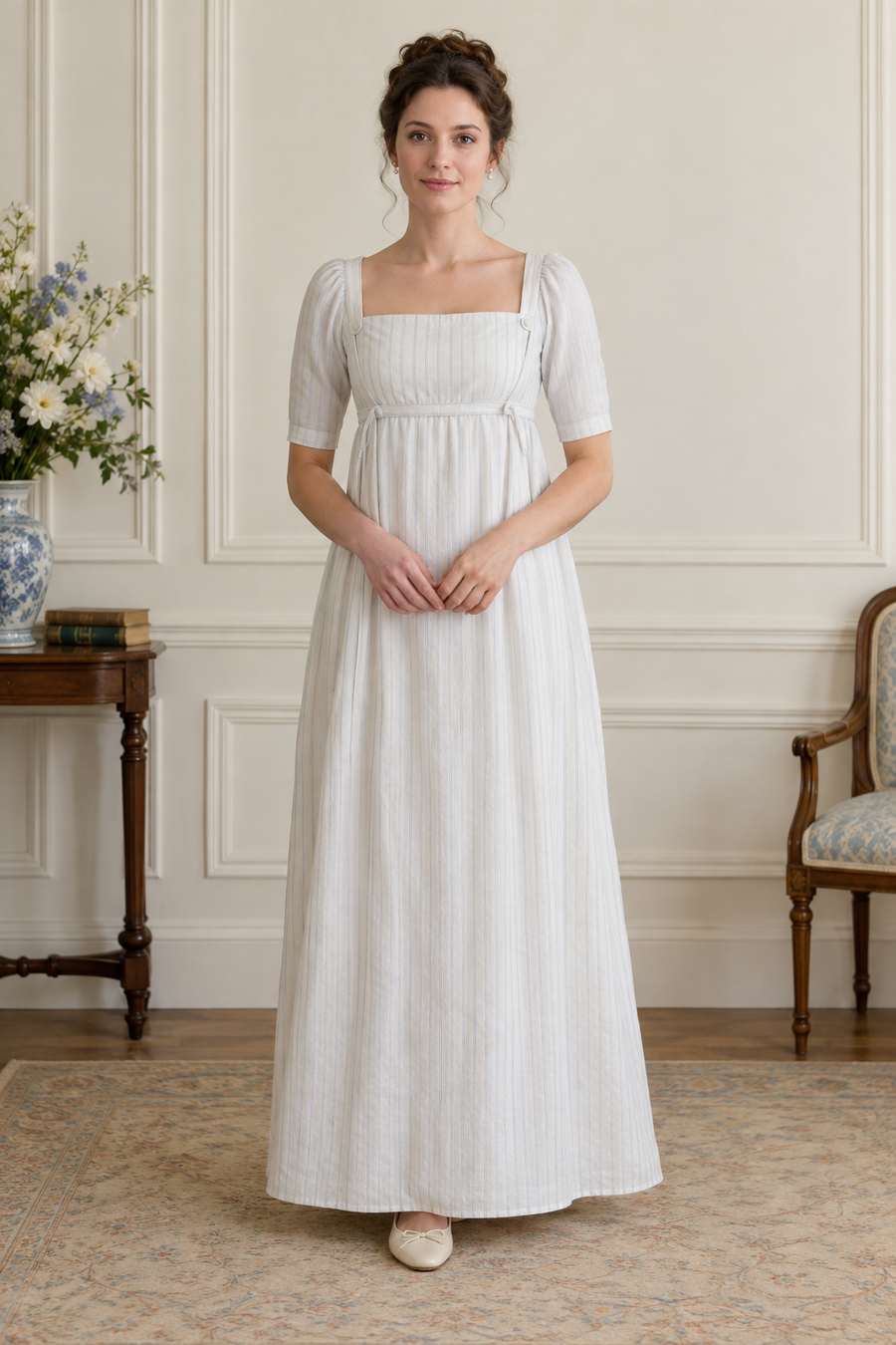 Design preview of regency-inspired bib-front gown, front view on an adult model.