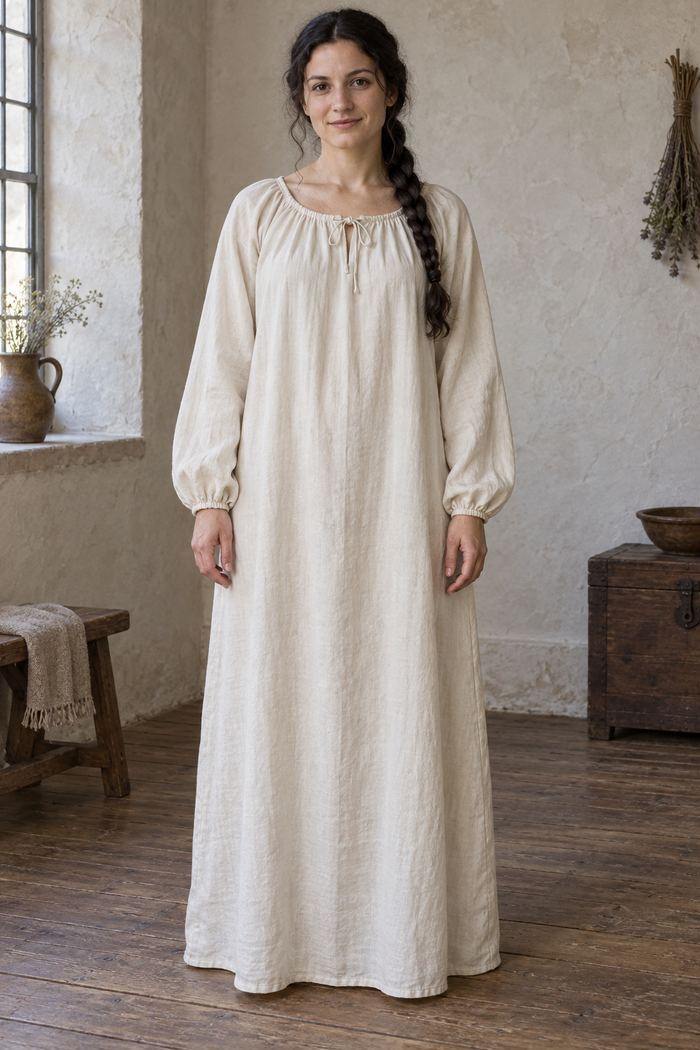 Design preview of a Renaissance-inspired gathered chemise with full sleeves and a drawstring neckline, front view.