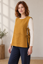 Three-quarter design preview of side-tie tabard vest.