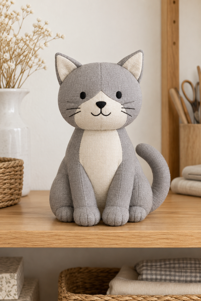 Design preview of sitting cat plush, front view in a craft studio.