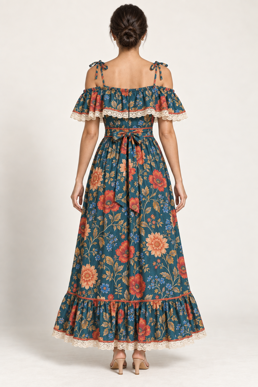Back view of the SL001 teal floral maxi dress with shoulder ties, back bow and lace-trimmed ruffle. AI design concept.
