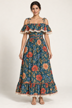 Front view of the teal floral SL001 off-shoulder maxi dress with shoulder ties and lace-trimmed ruffle. AI design concept.