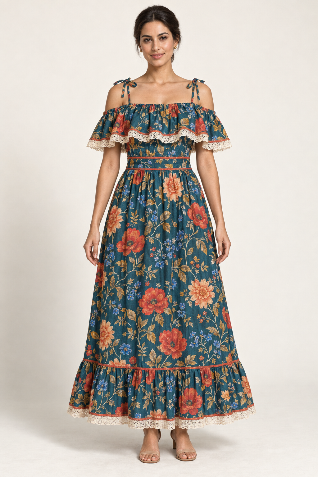 Front view of the teal floral SL001 off-shoulder maxi dress with shoulder ties and lace-trimmed ruffle. AI design concept.