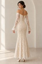 AI concept: back three-quarter view of the SL002 lace dress with long sleeves and a lace-up back.