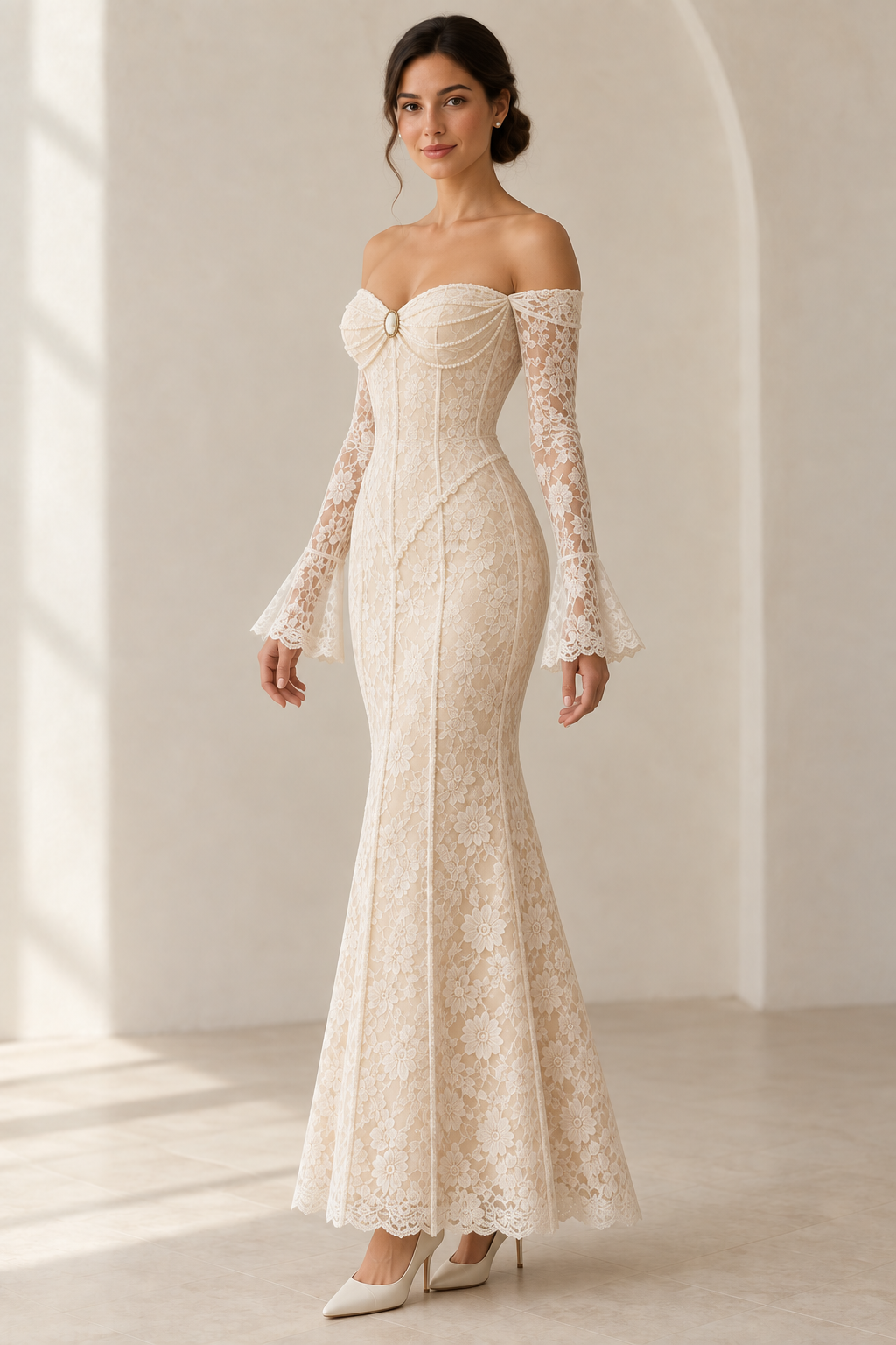 AI concept: front three-quarter view of the SL002 lace dress, showing bust drapes, pearl trim and a flared hem.