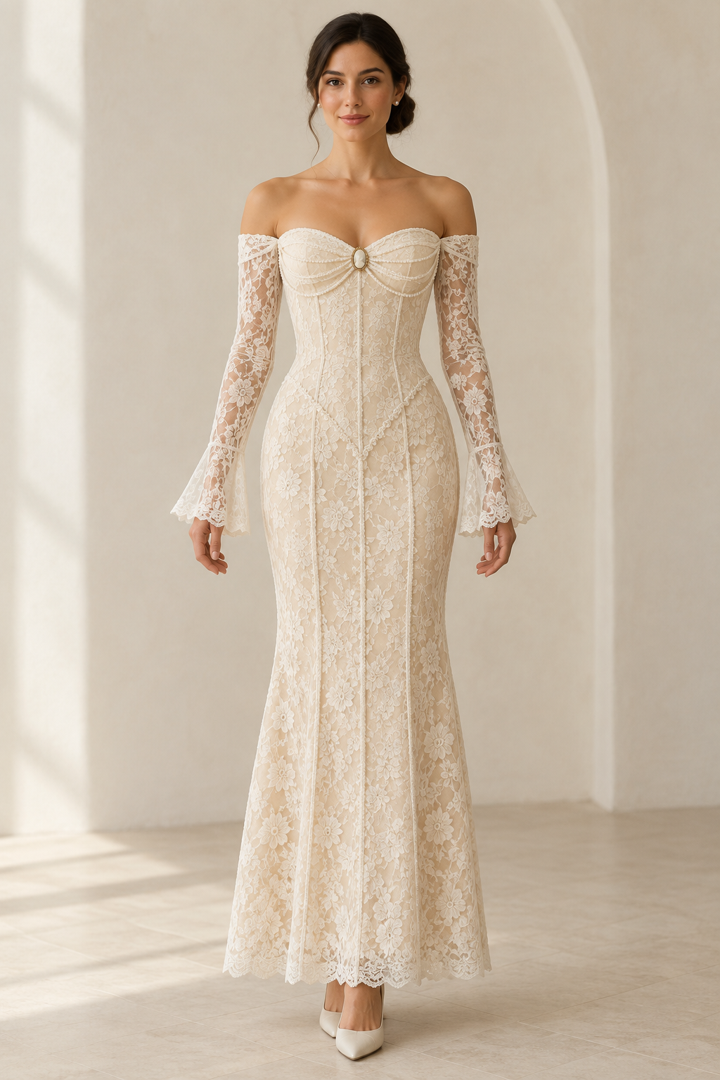 AI concept: front view of the Sewlore SL002 ivory lace dress with a sweetheart neckline and flared sleeves.