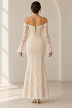 AI concept: back view of the SL002 ivory lace dress, showing the lace-up opening and softly flared skirt.